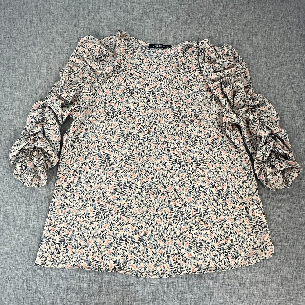 Vertiche Floral Blouse Ruched Sleeve‎ Tan Blue Green Orange Polyester Pre-Owned